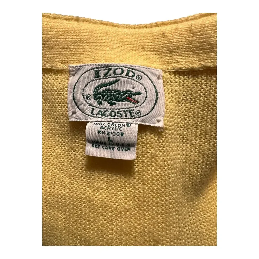 Vintage 70s IZOD Lacoste Butter Yellow Orlon Acrylic Cardigan Sweater USA Large
